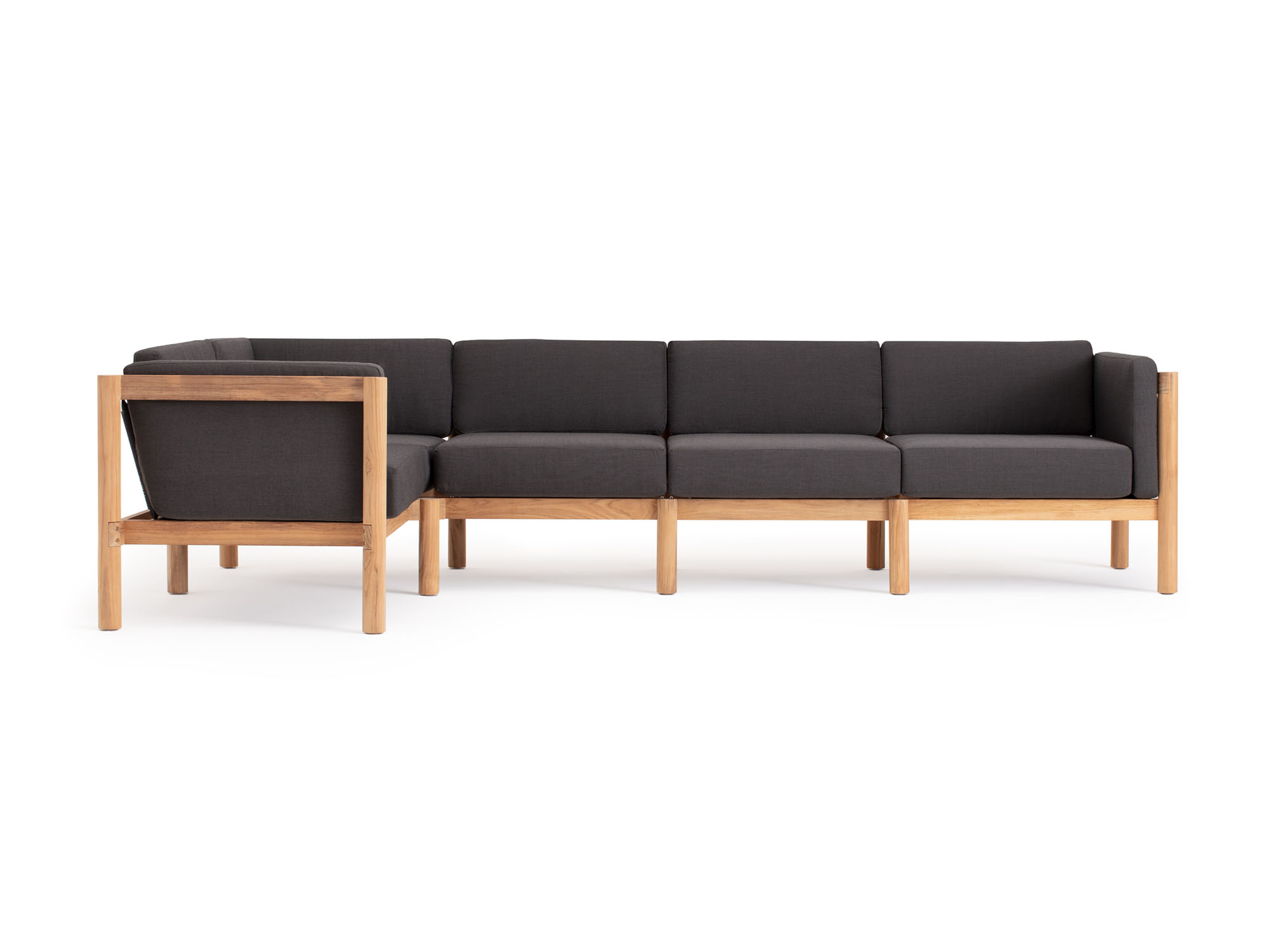 Front view of 5-piece outdoor sectional with black arm cushions